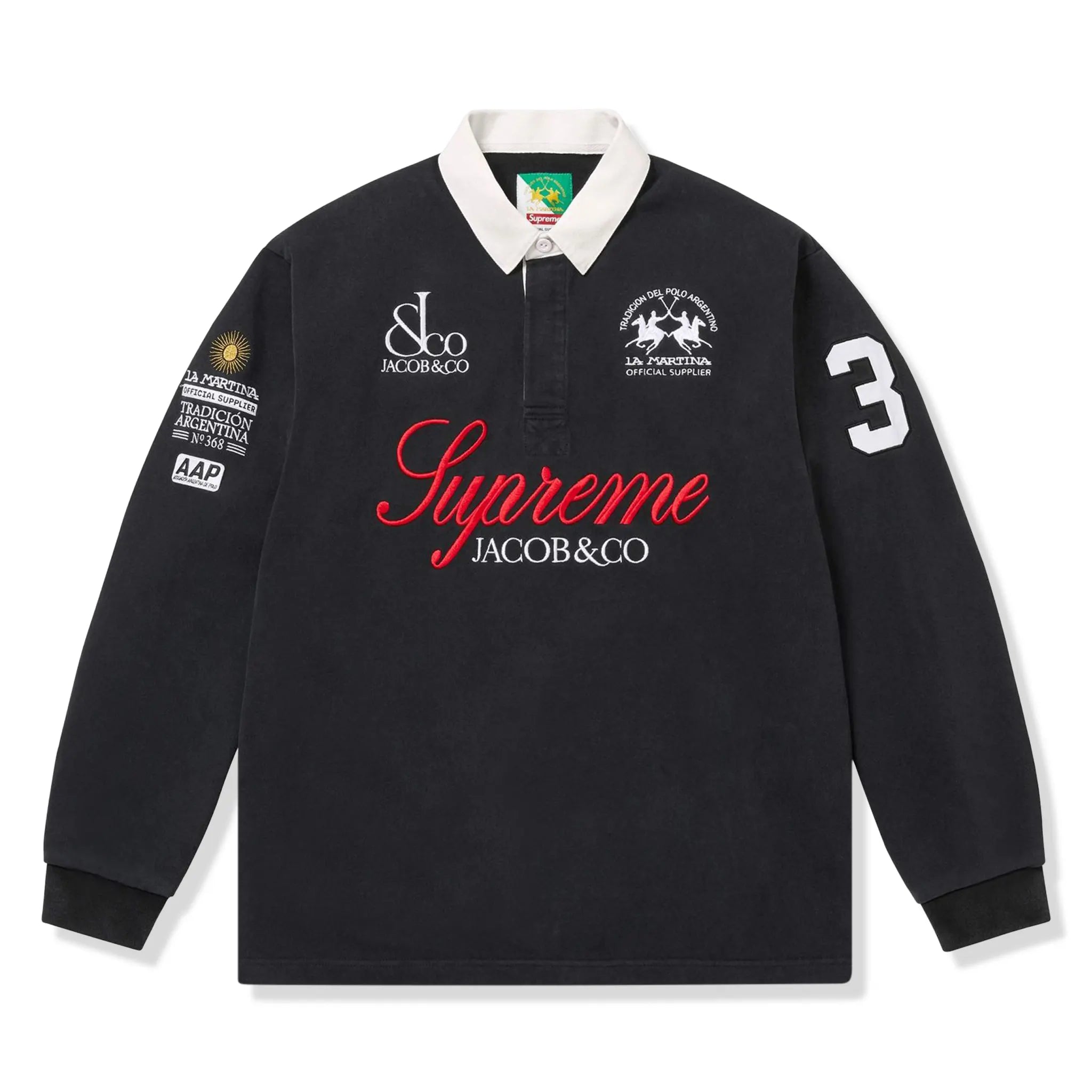 Front View of Supreme x Jacob & Co. La Martina Rugby Black Polo Shirt